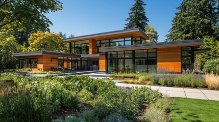 Modern wood house with expansive windows and landscaped garden.