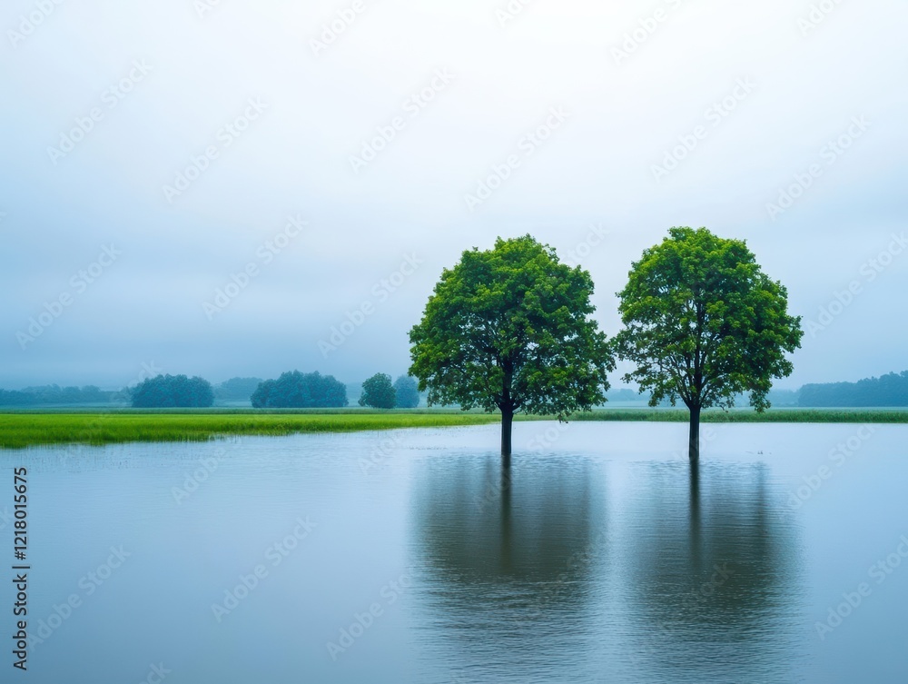 Poster tranquil scene of two majestic trees standing solitary in the middle of a calm lake surrounded by lu