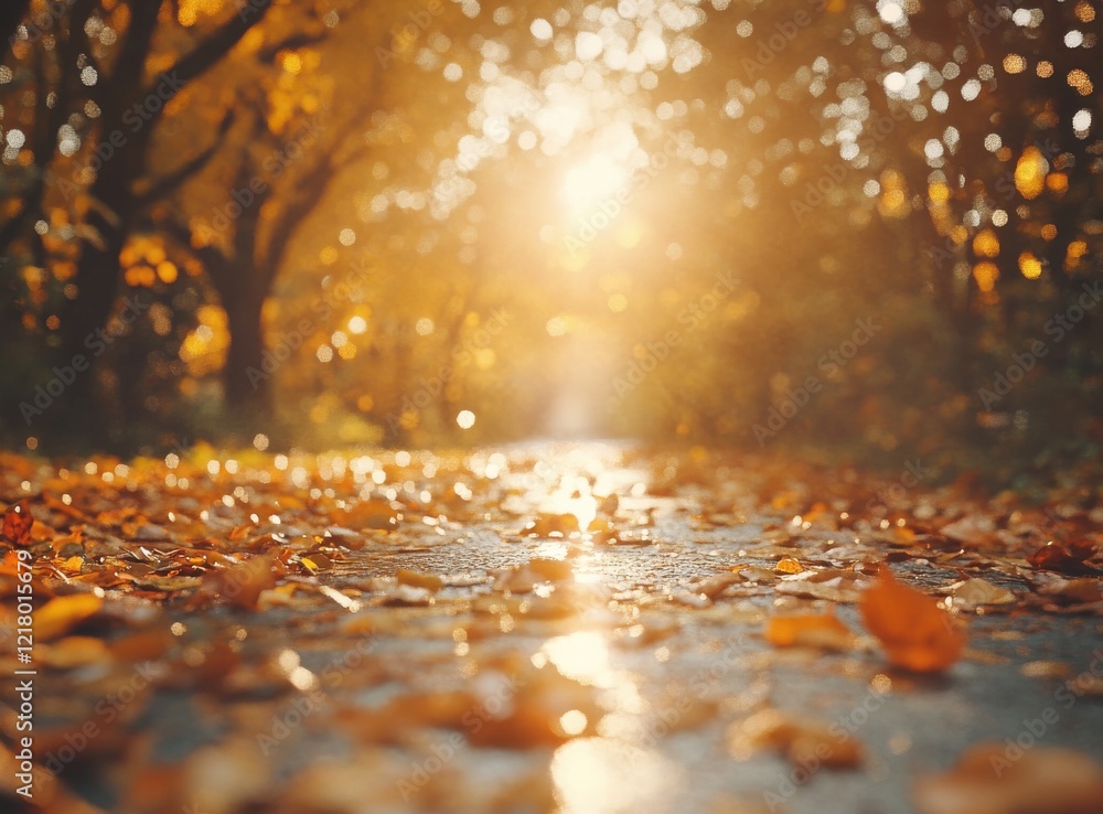 Aufkleber captivating autumn pathway surrounded by golden leaves with sunlight streaming through trees creatin
