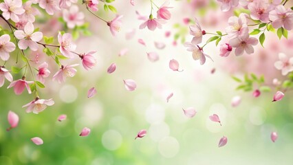 Fototapeta premium Delicate pink sakura petals fall gently on a soft white background amidst subtle greenery and delicate foliage , pink sakura petals falling, green