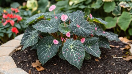 Pink caladium in garden bed, botanical garden backdrop, home decor