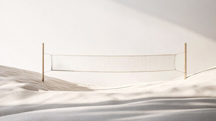 minimalist beach volleyball net on white sand with soft lighting