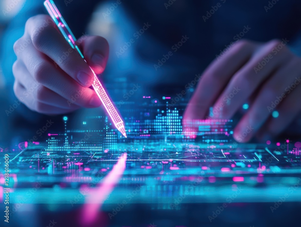 Leinwandbilder Focused Individual Using a Pen to Write on a Laptop in a Modern Workspace Surrounded by Books and Notebooks Creating an Atmosphere of Productivity