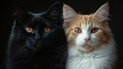 Two beautiful cats: a black Maine Coon cat and a white and orange long-haired cat with brown eyes.