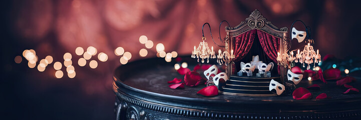 Miniature Opera Stage Masks Rose Petals Romantic Dramatic Theatrical