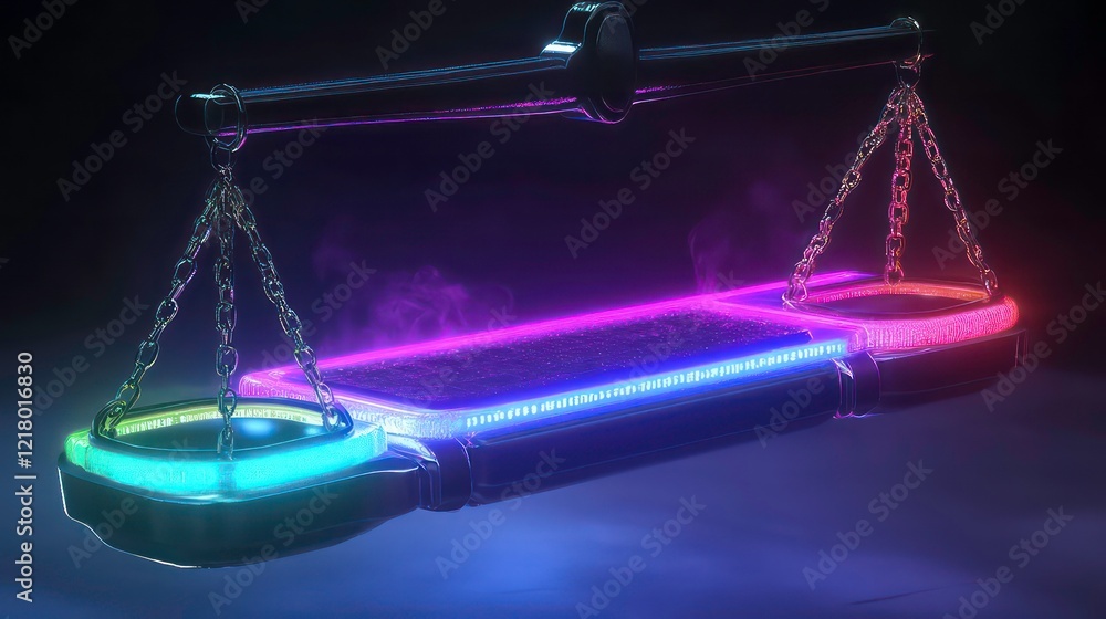 Poster futuristic scales with glowing neon lights and digital elements, symbolizing balance and technology.