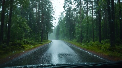 Obraz premium Driving Through a Rainy Forest