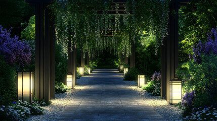 Obraz premium tranquil garden pathway illuminated by soft moonlight, featuring hanging greenery and glowing lanterns, creates serene and peaceful atmosphere