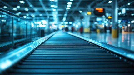 Empty moving walkway in modern airport terminal. Illustrates efficient travel, transit, and transportation.