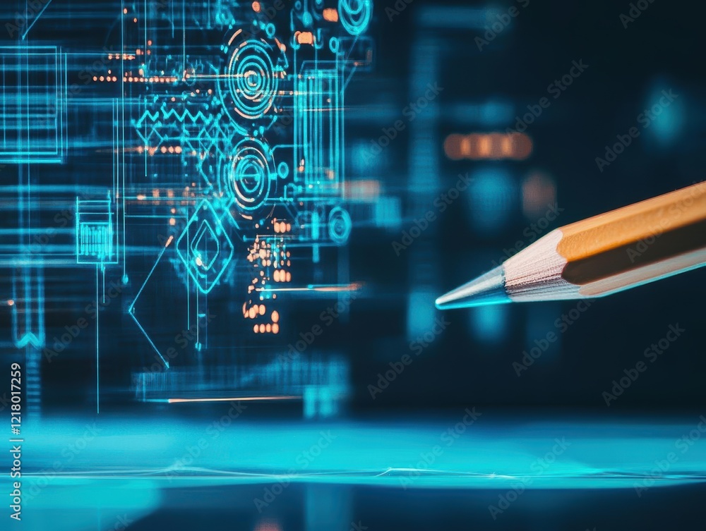 Poster Intricate Pencil and Circuit Board Composition with Detailed Circuit Design Capturing the Essence of Technology and Creativity in a Modern Workspace