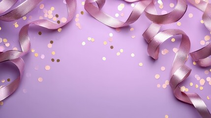 Fototapeta premium A festive scene featuring shimmering pink ribbons and golden confetti on a soft purple background, perfect for celebrations and events.