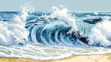 Obraz premium Ocean waves crashing on sandy beach, sunny sky background, summer design