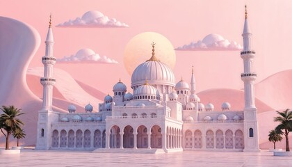 Fototapeta premium Stylized architectural Islamic mosque with multiple domes and minarets the design includes clouds and a sun, arabic background