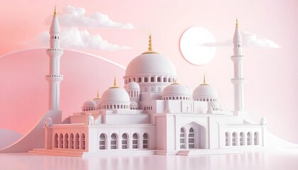 Fototapeta premium Stylized architectural large mosque with multiple domes and minarets the design includes clouds and a sun, Islamic background