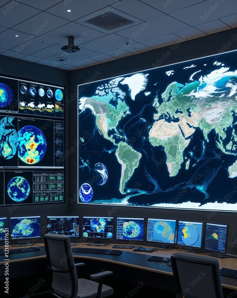 Poster a high tech control room with screens showing weather patterns satellite imagery and a large interac