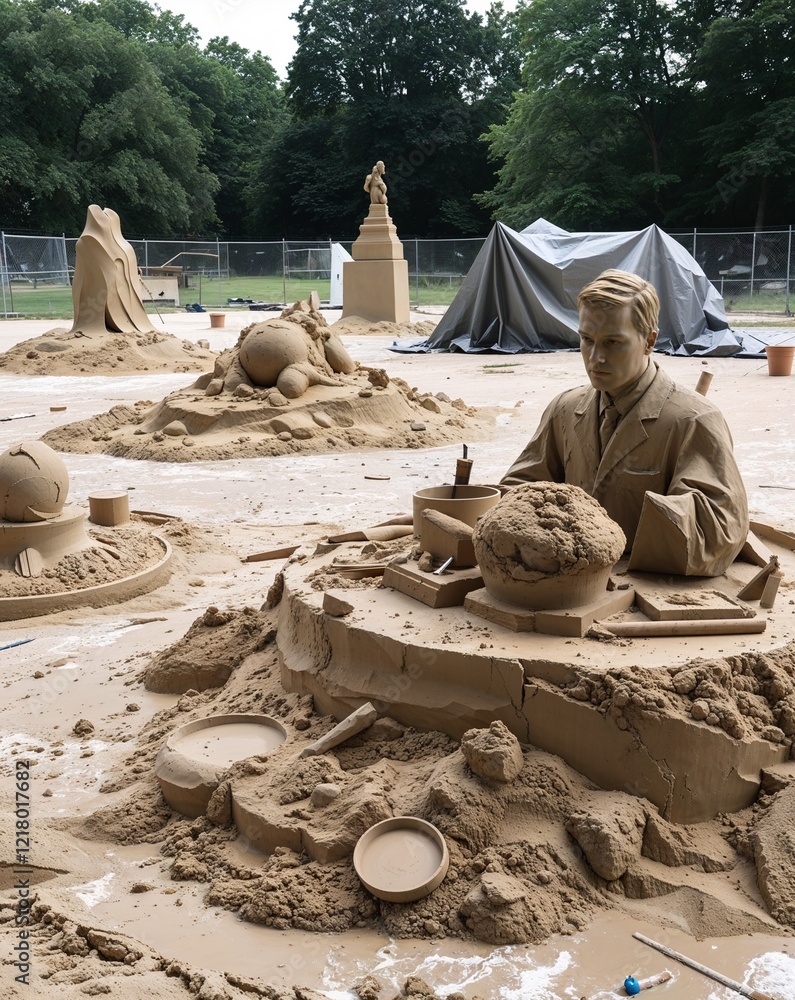 Poster a large open area with sand clay and sculpting tools with unfinished sculptures around some covered 