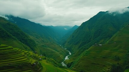Fototapeta premium Aerial view of river valley, terraced rice fields, mountains, clouds, Vietnam travel