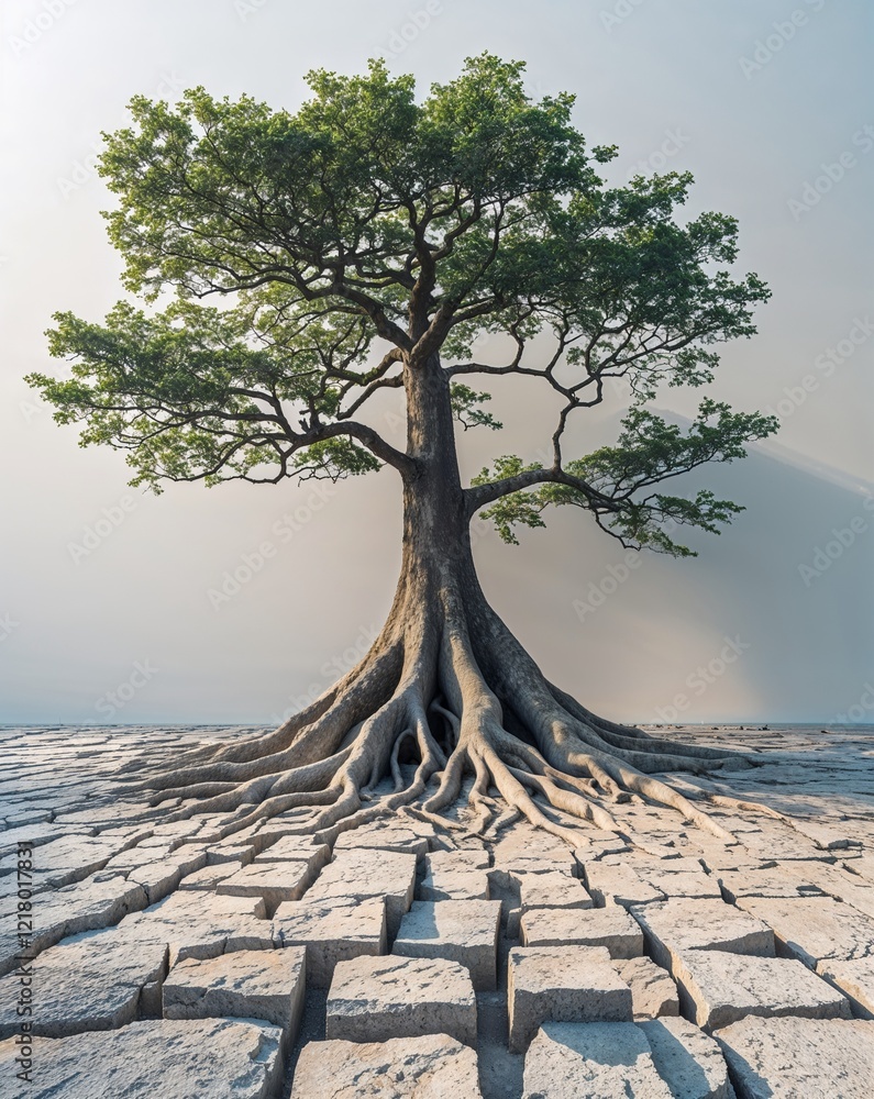 Poster a minimalist setting with one large ancient tree growing through the floor symbolizing growth and li