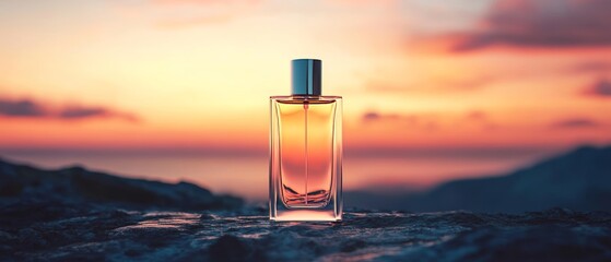 Highlight the allure of a blank transparent perfume bottle set against a dreamy gradient of sunset and dawn skies, creating a serene and captivating backdrop for elegant product mock-up photography.