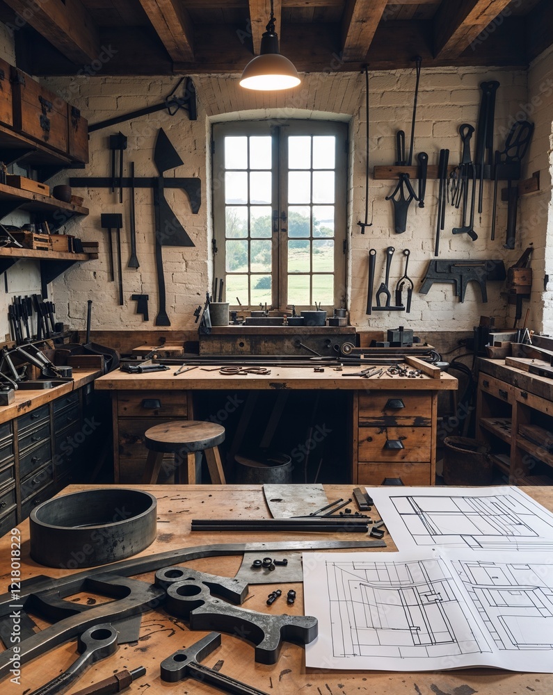 Poster a room echoing with the sounds of the forge with tools metalwork and a desk covered in design sketch