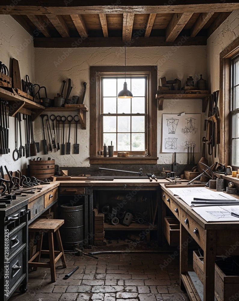 Poster a room echoing with the sounds of the forge with tools metalwork and a desk covered in design sketch