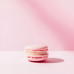 Delicate pink macaron on a soft pink background. A sweet treat, perfect for a minimalist aesthetic.