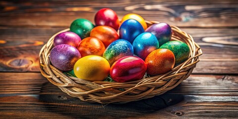 Fototapeta premium Easter Eggs in Wicker Basket, Rustic Wooden Background - Spring Holiday Food Photography