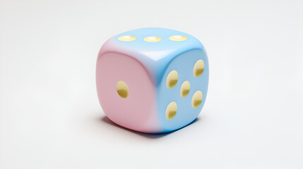 A pastel pink and blue die sits on a white background, displaying a three and a five.