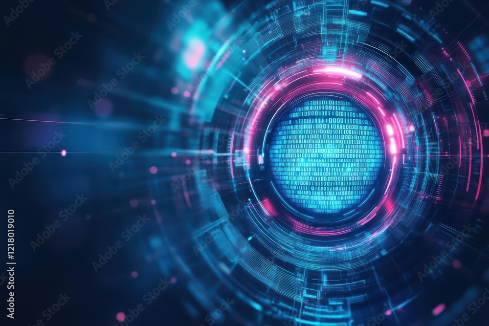 Fototapete Vibrant Blue and Pink Circular Design Featuring Repetitive Binary Code Elements Creating a Futuristic Abstract Technology Aesthetic and Digital Art