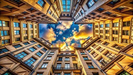 Obraz premium Ground Upward View: Architectural Photography, Skyward Gaze, Building Facade, Cityscape, Upward Perspective