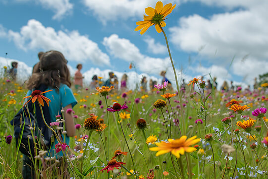 wildlife conservation event, a meadow with colorful wildflowers, a wildlife diversity banner fluttering, and childrens excited voices at a nature event