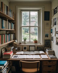 A small cozy room with a single window a desk covered with typewriters old manuscripts and the hum of creativity