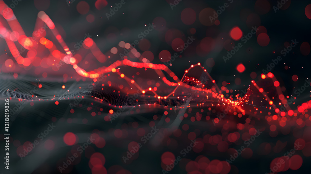 Poster abstract representation of flowing red particles and waves against a dark background.