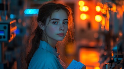 Young Woman in a Laboratory Setting at Night