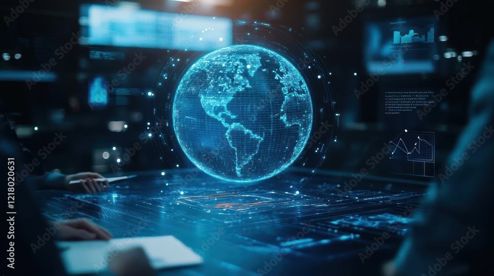Aufkleber Individual Engaged with Laptop Displaying a Globe Symbolizing Global Connectivity and Exploration in a Modern Workspace Setting with Calm Atmosphere