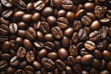 Obraz premium Rich, dark roasted coffee beans fill the frame. Perfect for coffee shop menus, packaging, or any project needing a caffeine boost.