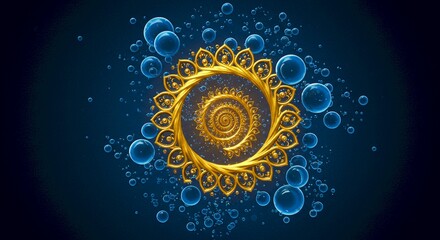 Golden Spiral Mandala Bubbles Abstract Blue Background Luxury Design