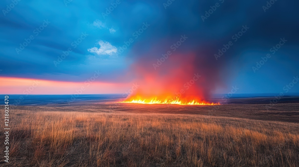 Aufkleber intense flame erupting in lush green field surrounded by thick smoke creating a dramatic scene of de