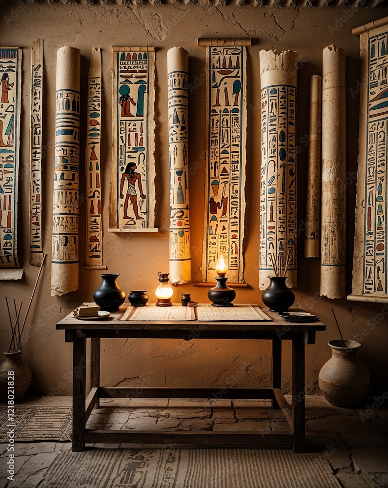 Poster papyrus scrolls hieroglyphics on the walls a simple wooden table with ink pots and reed pens lit by 