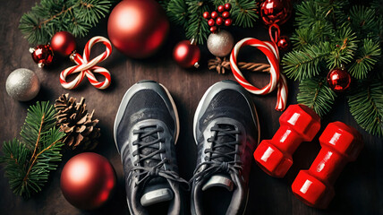 Christmas sport composition dumbbells sneakers branches concept healthy lifestyle