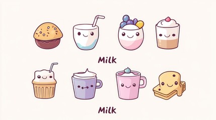 Cute cartoon food and drinks illustration; milk, cakes, and desserts