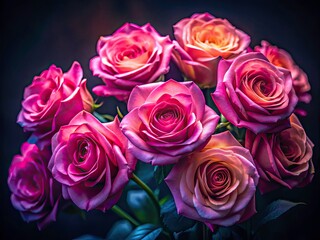 Naklejka premium Low Light Pink Roses Photography, Romantic Dark Rose Bouquet, Night Bloom, Pink Rose Closeup, Moody Rose Image, Beautiful Rose Pictures, Dark Floral Photography