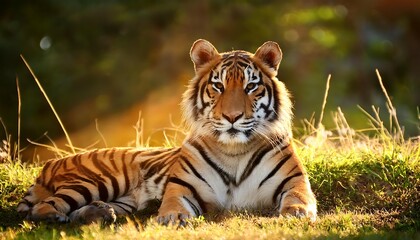Fototapeta premium Majestic Bengal Tiger with Glowing Orange and Black Stripes Resting Gracefully