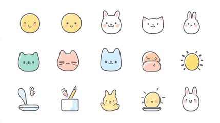 Cute animal and object icons; pastel color scheme;  white background; for website design