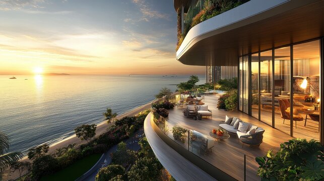 Oceanfront luxury condo balcony at sunset. Showcase high-end living & coastal views for real estate ads.