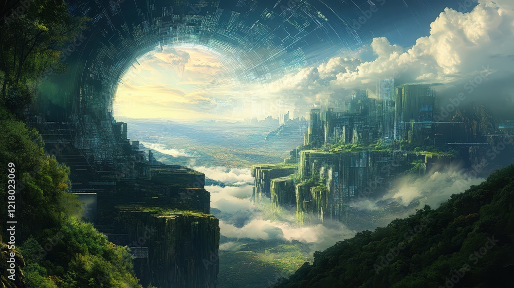 Poster futuristic cityscape with lush greenery and technological elements through a gateway
