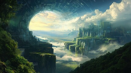Futuristic Cityscape with Lush Greenery and Technological Elements Through a Gateway