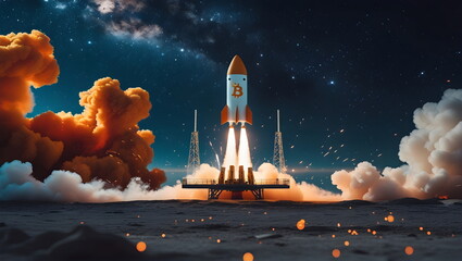 Fototapeta premium Bitcoin Rocket Launching into Space with Fiery Flames and Starry Sky