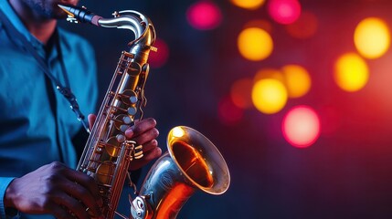 Fototapeta premium A jazz musician playing a saxophone under dim lights, moody and artistic composition