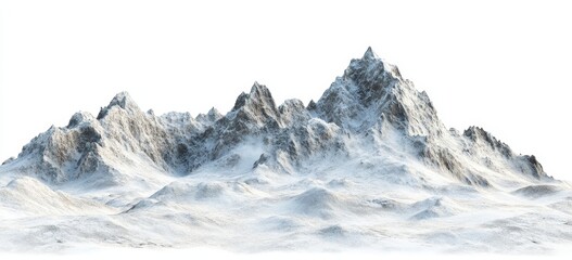 Snow-covered mountain range isolated on white background.